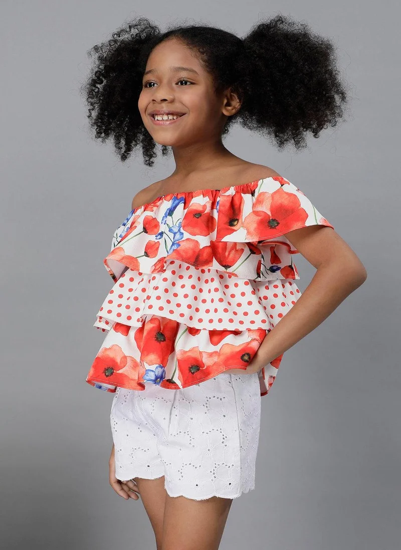 One Friday One Friday Kids Girls Floral Printed Off Shoulder Top With Frills